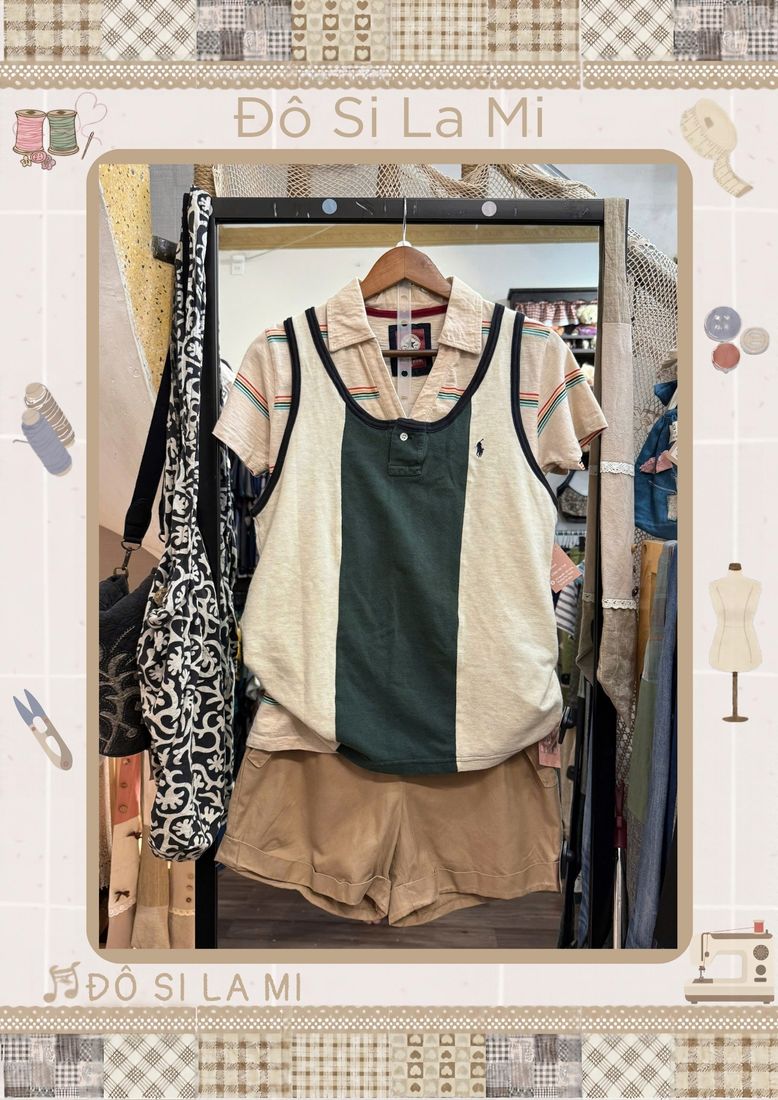 Áo polo phối màu kem xanh rêu phối quần short nâu
