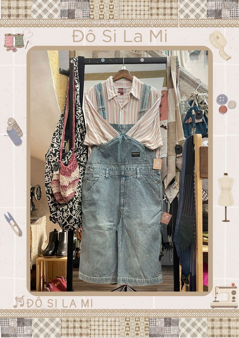 Áo sơ mi sọc phối yếm denim xanh