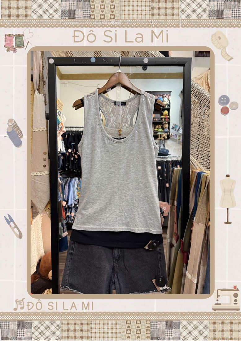 Áo ba lỗ ren xám phối quần short đen